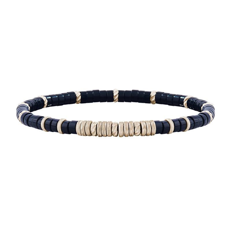 Men's Agate Heishi Beaded Bracelet with Yellow Gold Details