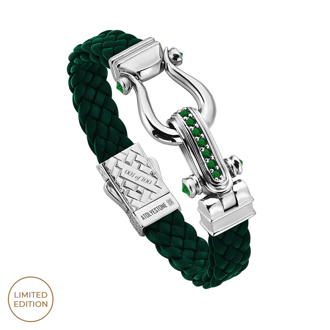 Men's Iconic Emerald Pave Green Woven Leather Bracelet - Atolyestone