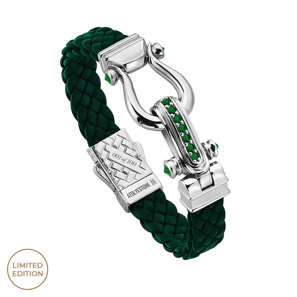 Men's Iconic Emerald Pave Green Woven Leather Bracelet