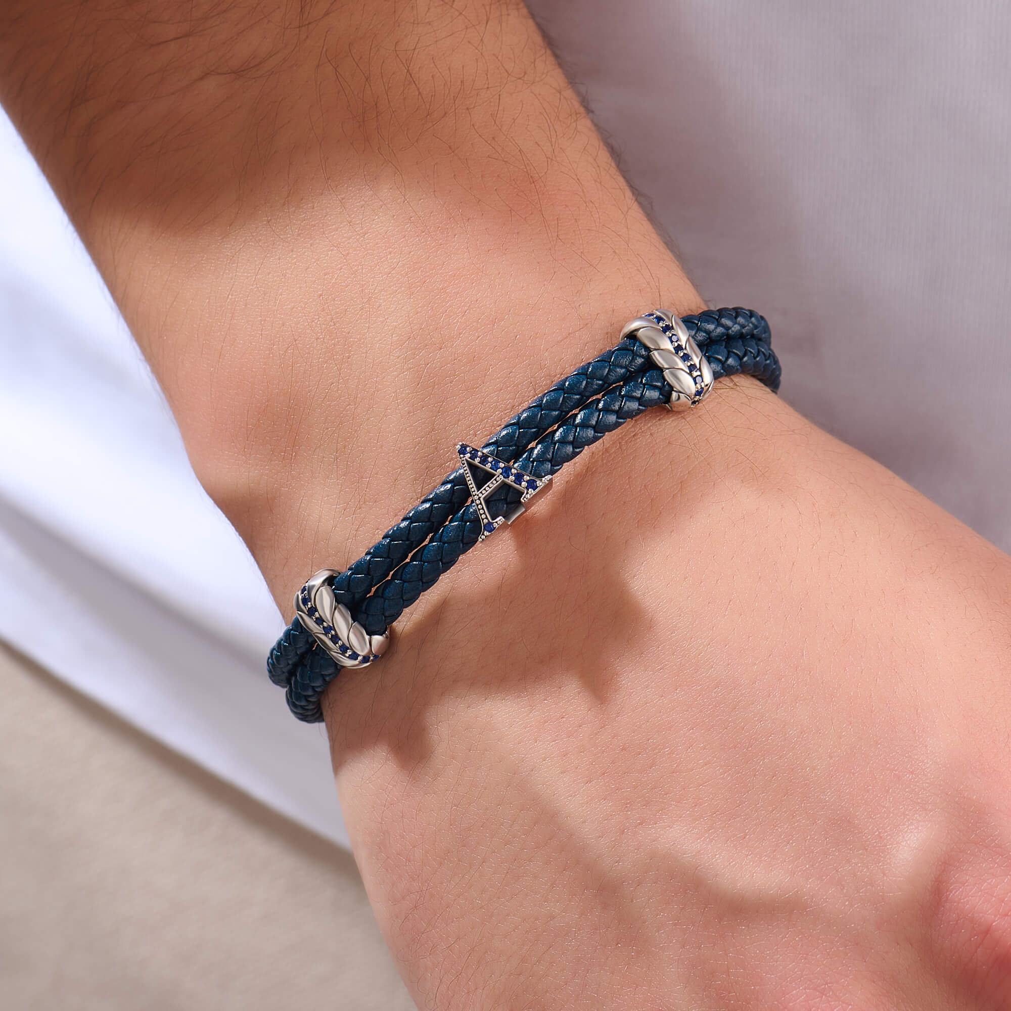 Atolyestone Men's Sapphire Paved Leather Statement Bracelet in Solid White Gold