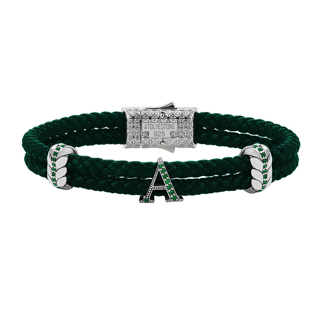Atolyestone Men's Pave Leather Bracelet with Solid Silver Initials Green Nappa Silver