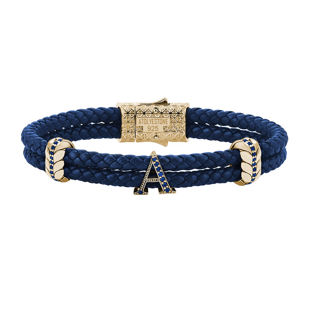 Atolyestone Men's Pave Leather Bracelet with Solid Silver Initials Blue Nappa Yellow