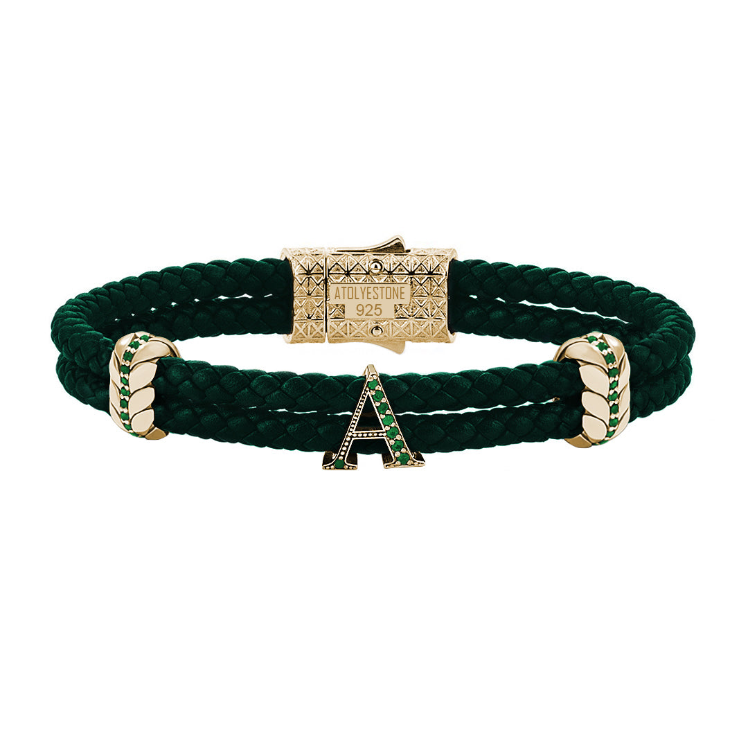 Atolyestone Men's Pave Leather Bracelet with Solid Silver Initials Green Nappa Yellow