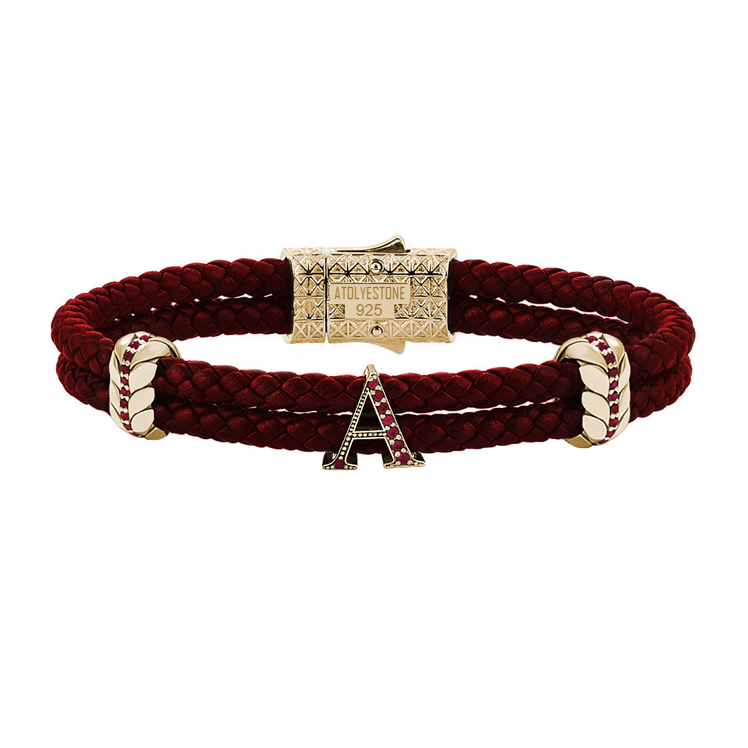 Atolyestone Men's Pave Leather Bracelet with Solid Silver Initials Red Nappa Yellow