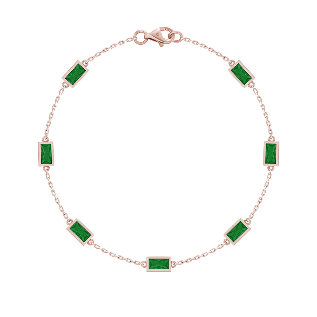 Baguette Chain Bracelet in Solid Gold - Rose Gold & Emerald
