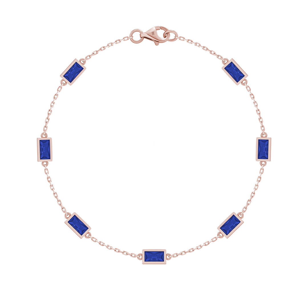 Baguette Chain Bracelet in Solid Gold - Rose Gold & Sapphire