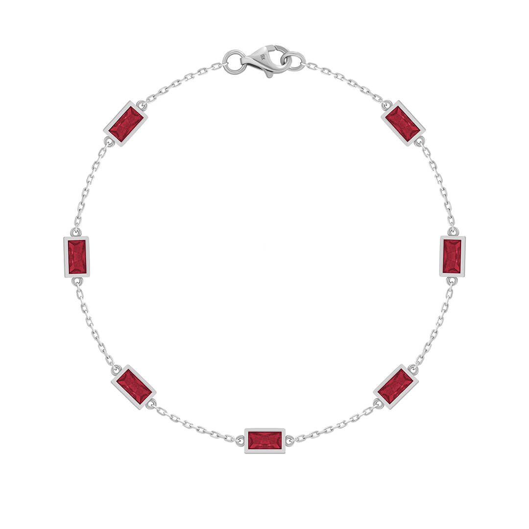 Baguette Chain Bracelet in Solid Gold - White Gold & Ruby