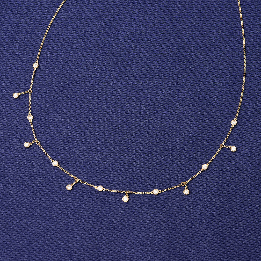 Solid Yellow Gold Bezel Diamond Fringe Necklace