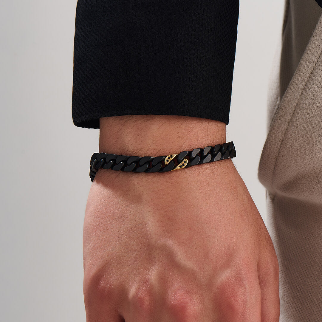 Men's Black Ceramic Cuban Links Bracelet in Solid Yellow Gold and Black Diamonds