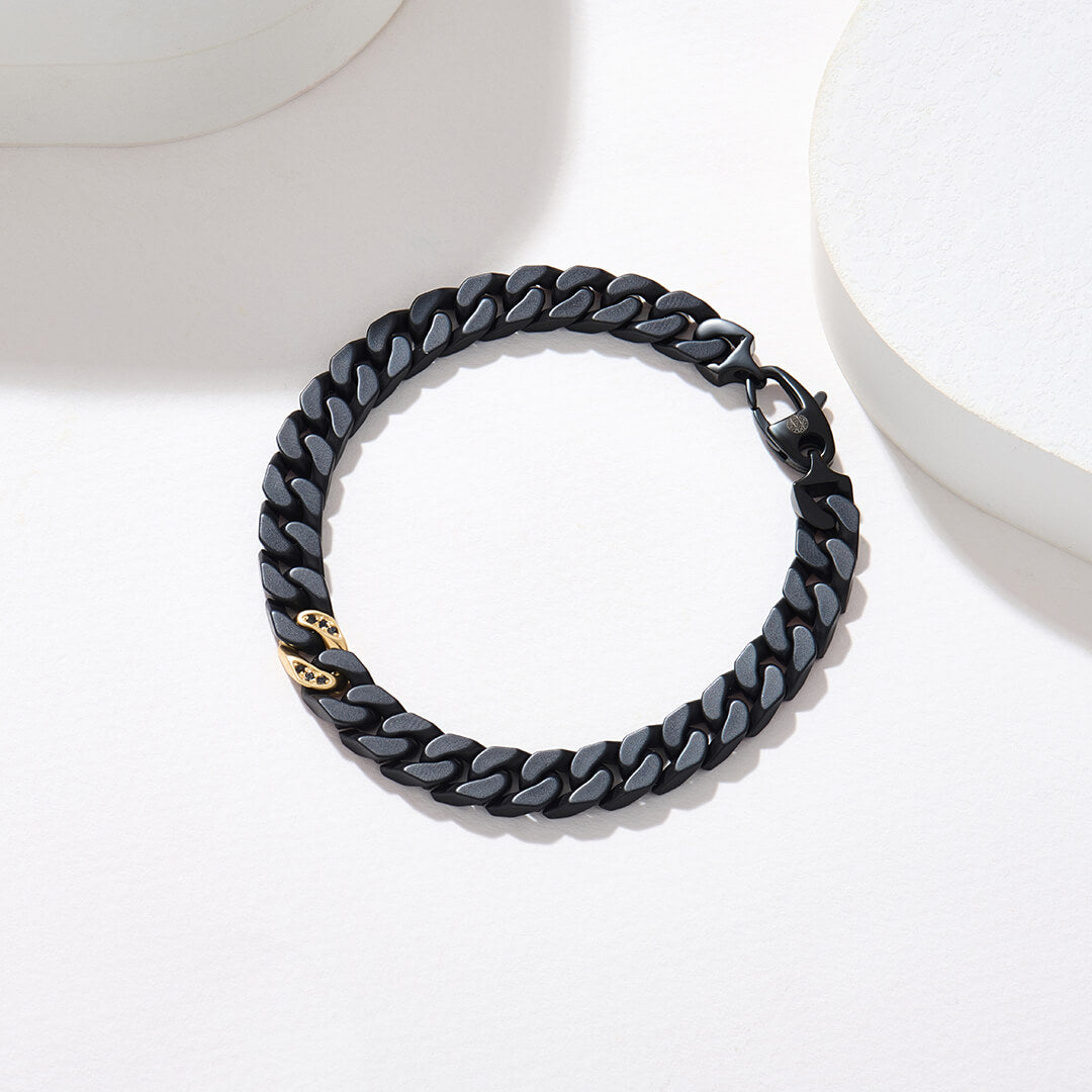 Atolyestone Black Ceramic Diamond Cuban Links Bracelet in 18K Yellow Gold