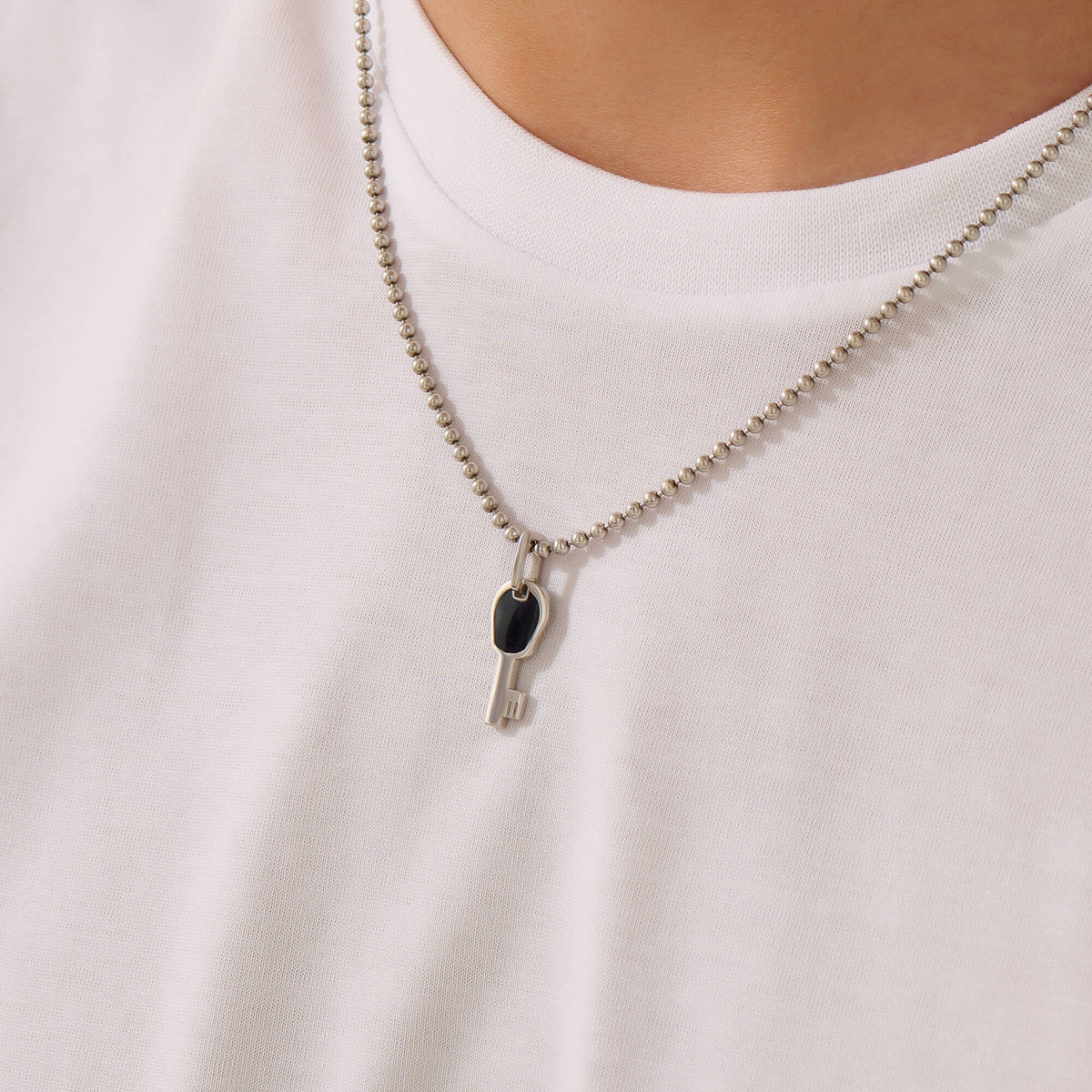Men's Solid Silver Black Enamel Key Pendant