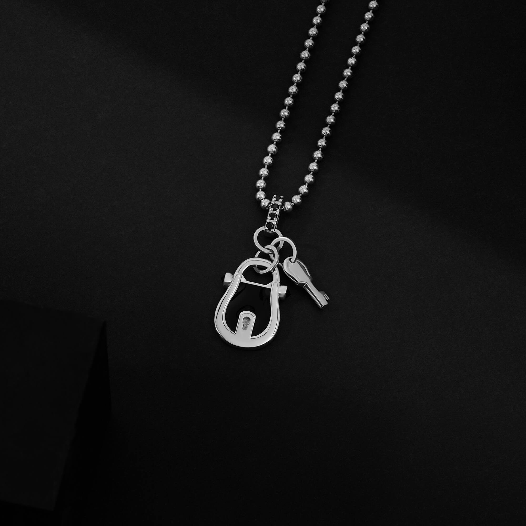 Black Enamel Lock and Key Pendant in 925 Sterling Silver