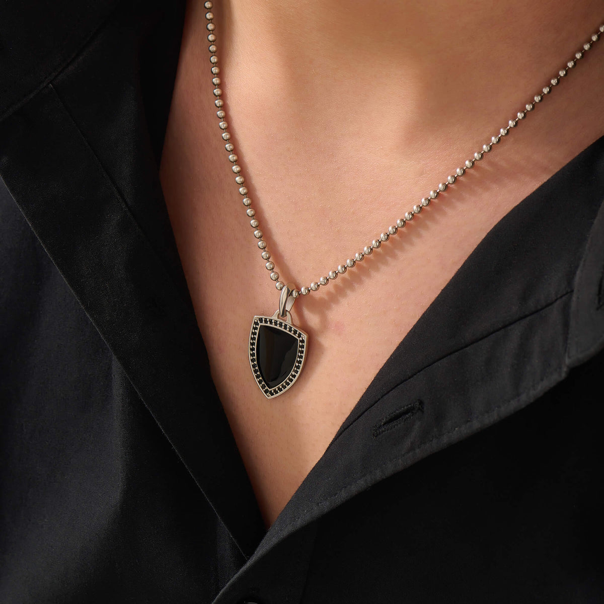 Men's Paved Black Enamel Shield Pendant in Solid Silver