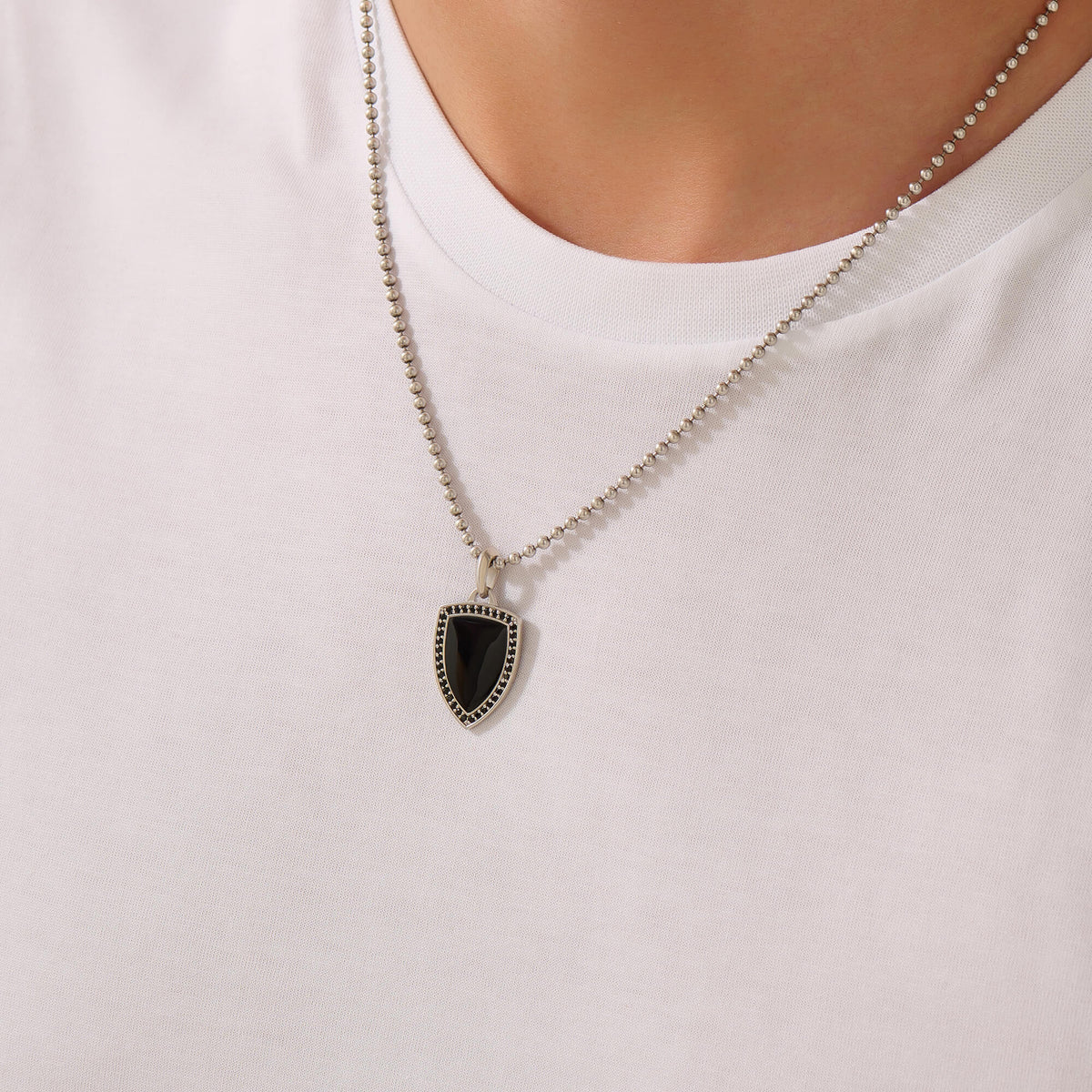 Atolyestone Solid Silver Black Enamel Shield Pendant for Men