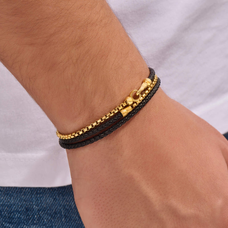 Box Chain & Leather Wrap Bracelet in Real Gold
