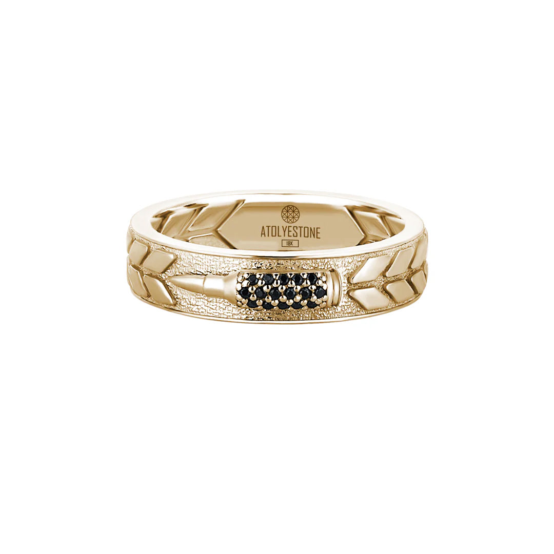 Men's Solid Yellow Gold Band Ring with Black Diamond Paved Bullet Design