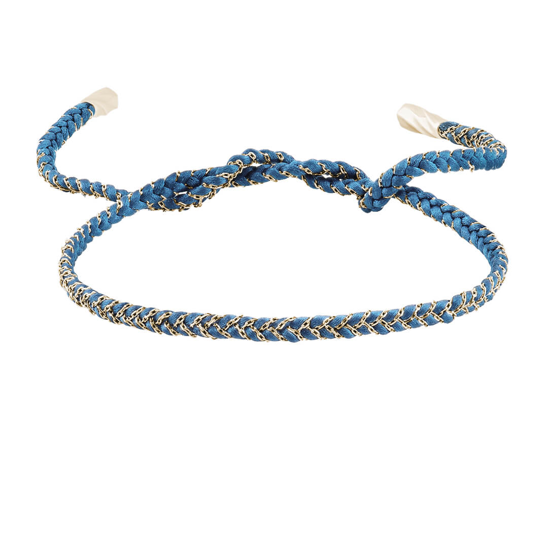 Men's 14k Solid White Gold Chain and Sky Blue Silk Braided Bracelet
