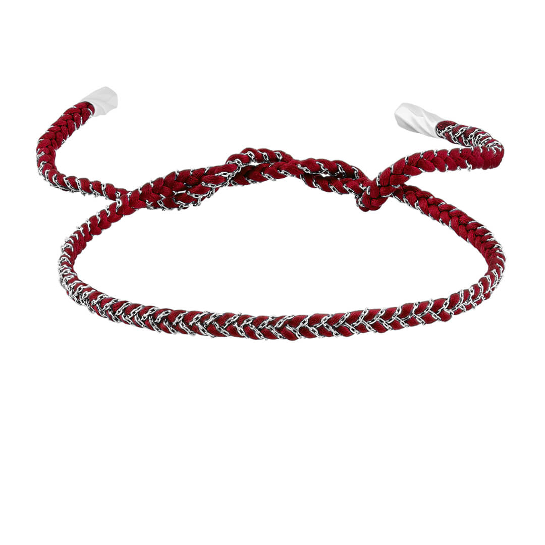 Men's Silver Chain and Red Silk Braided Bracelet