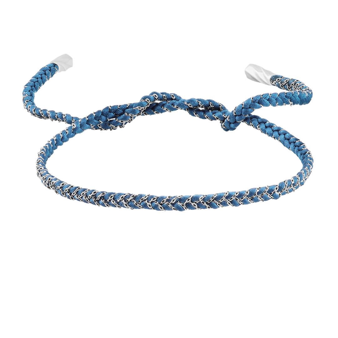 Men's Silver Chain and Sky Blue Silk Braided Bracelet