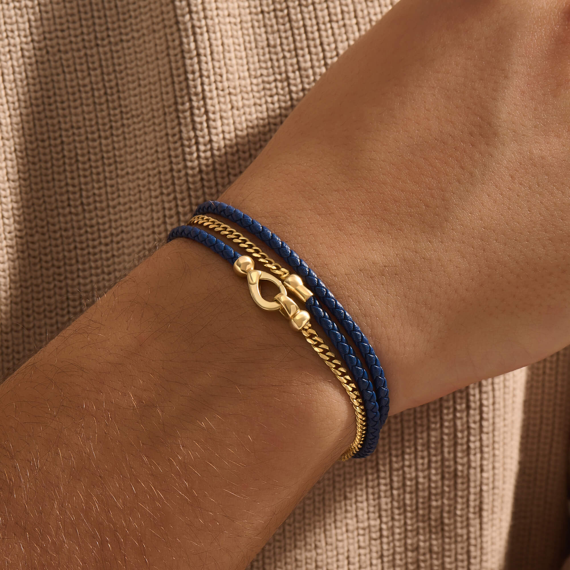 Cuban Chain & Leather Wrap Bracelet in Solid 14K Gold