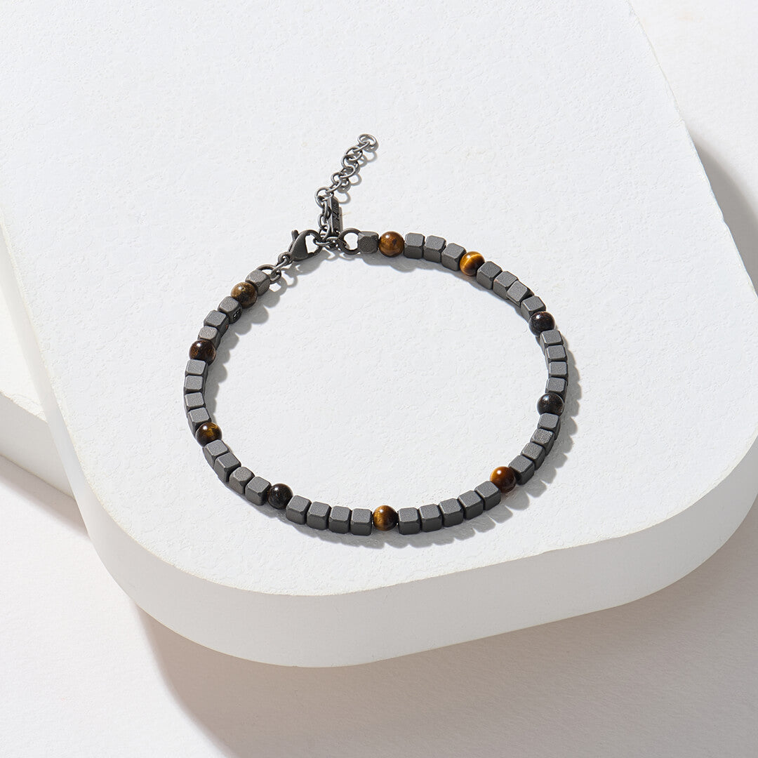 Cube Titanium Tiger Eye Beaded Chain Bracelet for Men