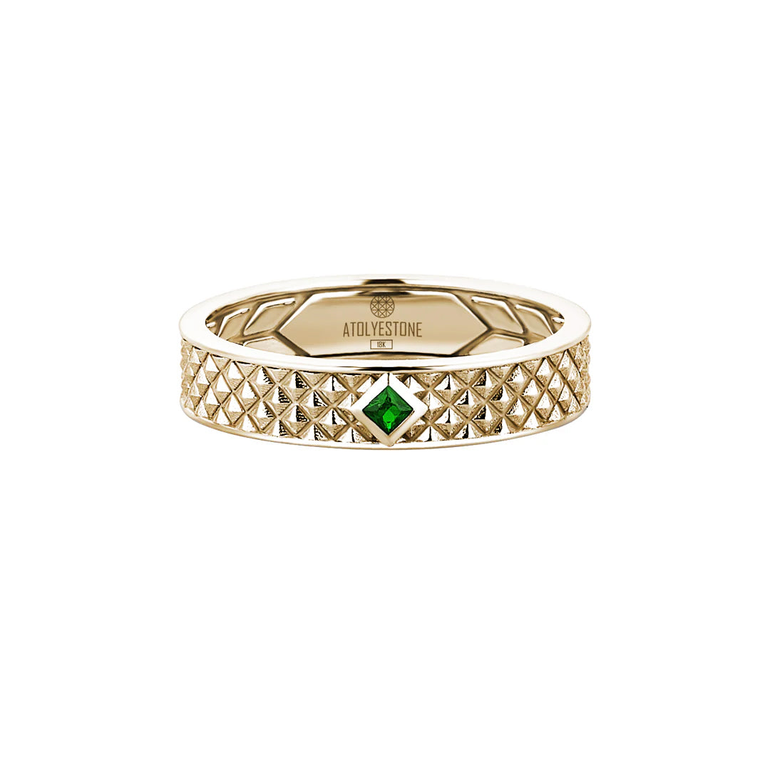 Men's Real Emerald Paved Real Yellow Gold Band Ring with Pyramid Design