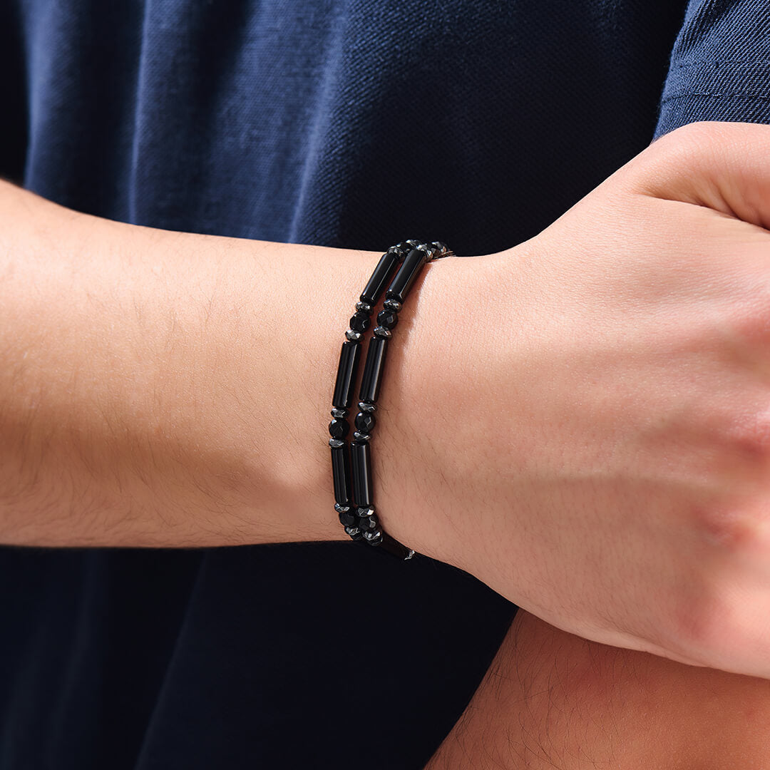 Men's Natural Hematite and Double Agate Tube Beaded Bracelet