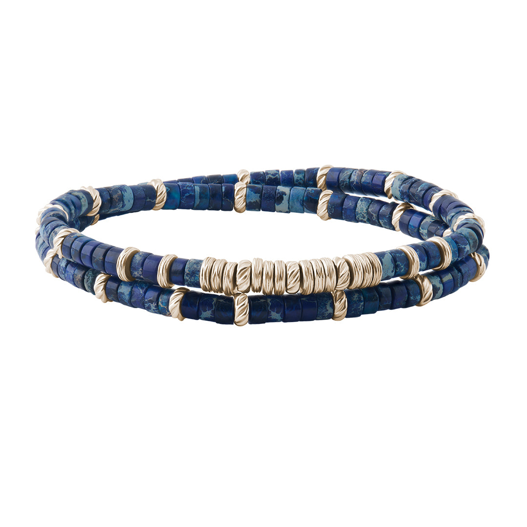 Men's Double Blue Jasper Heishi Beads Bracelet - Yellow Gold