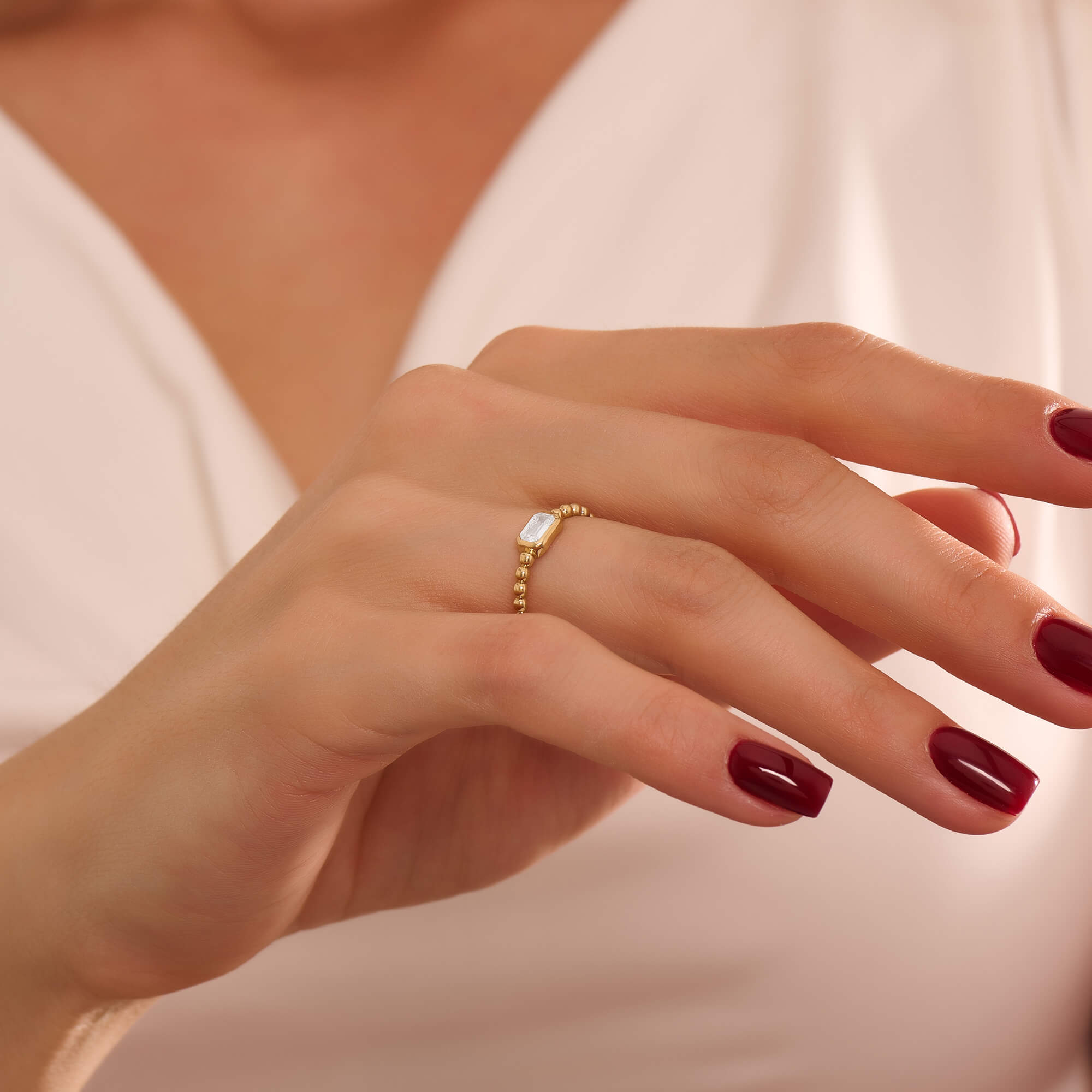 Women's Emerald-Cut Diamond Beaded Ring in Solid Gold