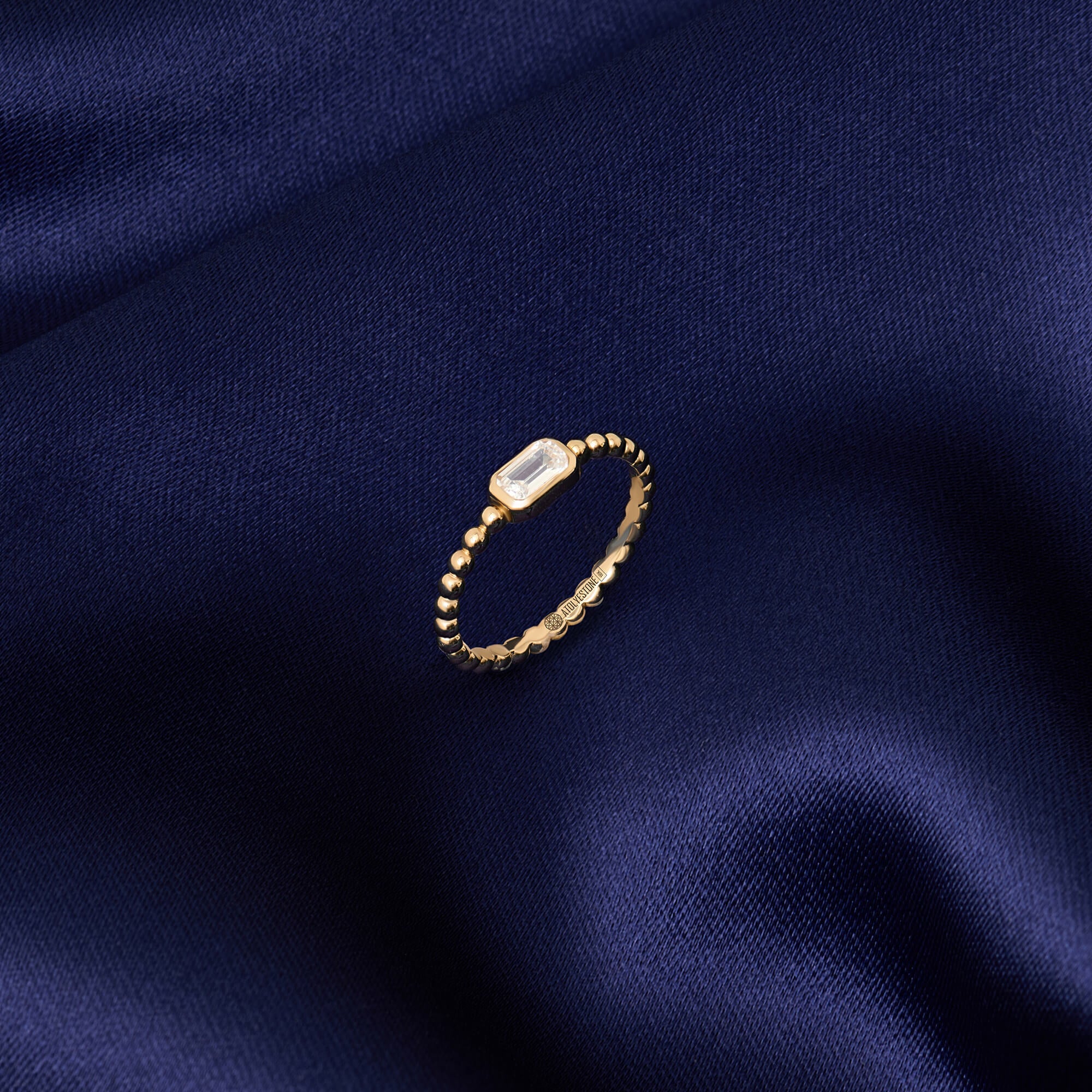 Solid Gold Emerald-Cut Diamond Beaded Ring