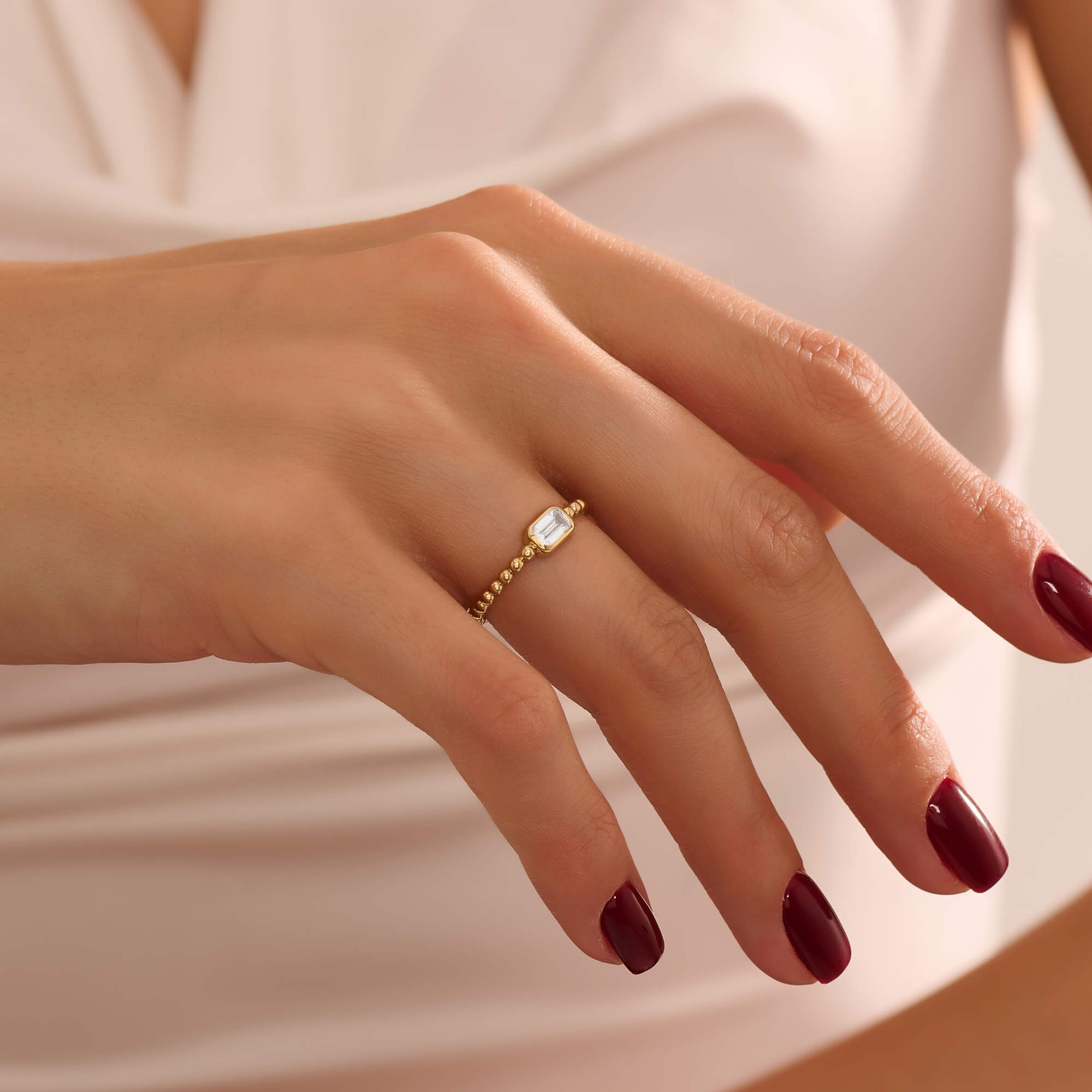 Women's Solid Yellow Gold Emerald-Cut Diamond Beaded Ring