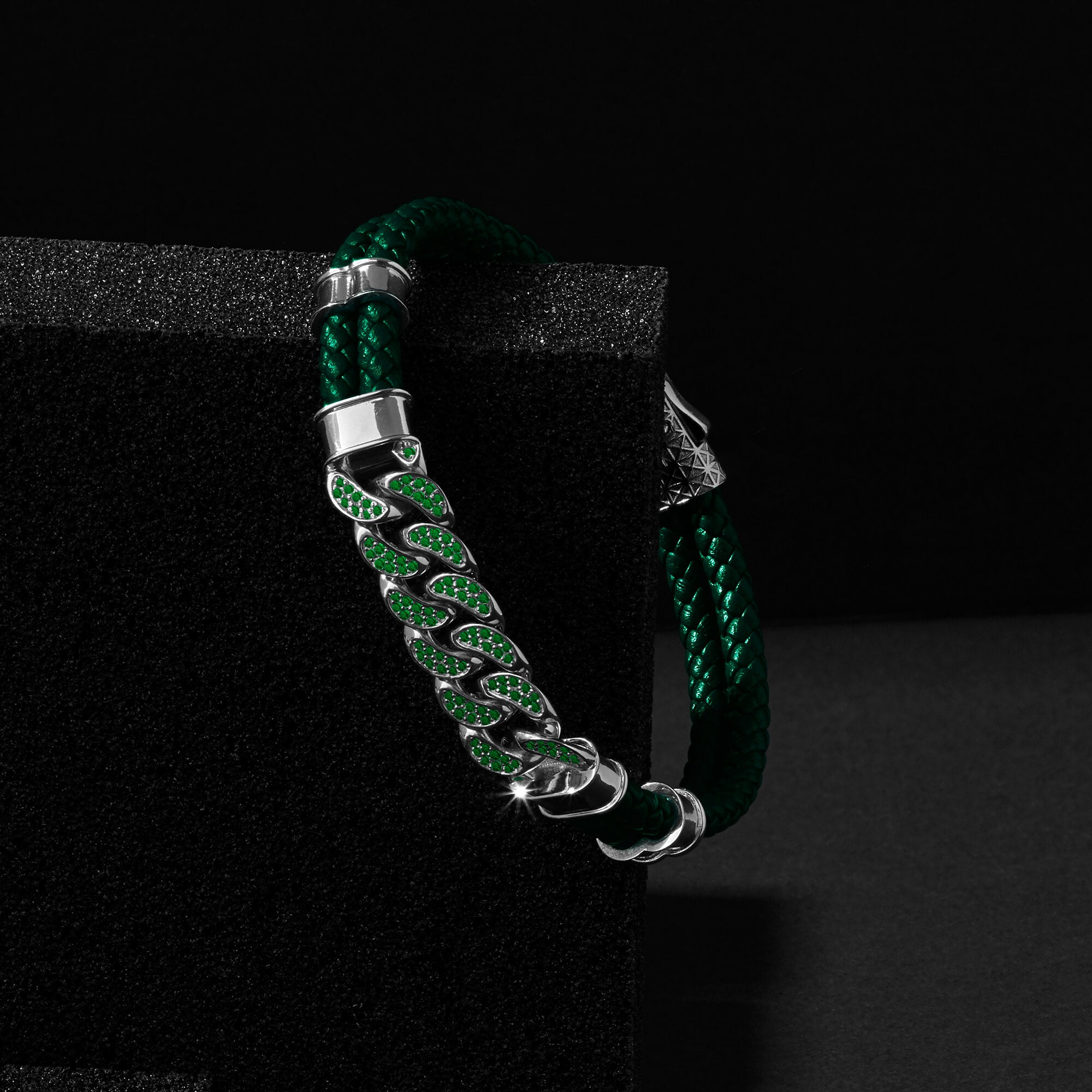 Men's Limited Edition Cuban Links Leather Bracelet - Green Leather & Emerald