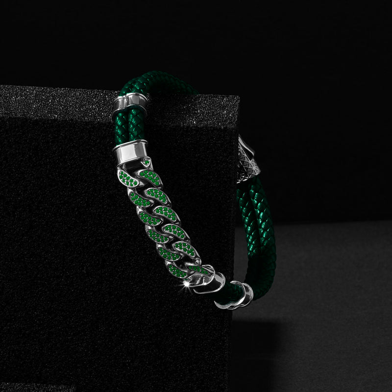 Men's Limited Edition Cuban Links Leather Bracelet - Green Leather & Emerald