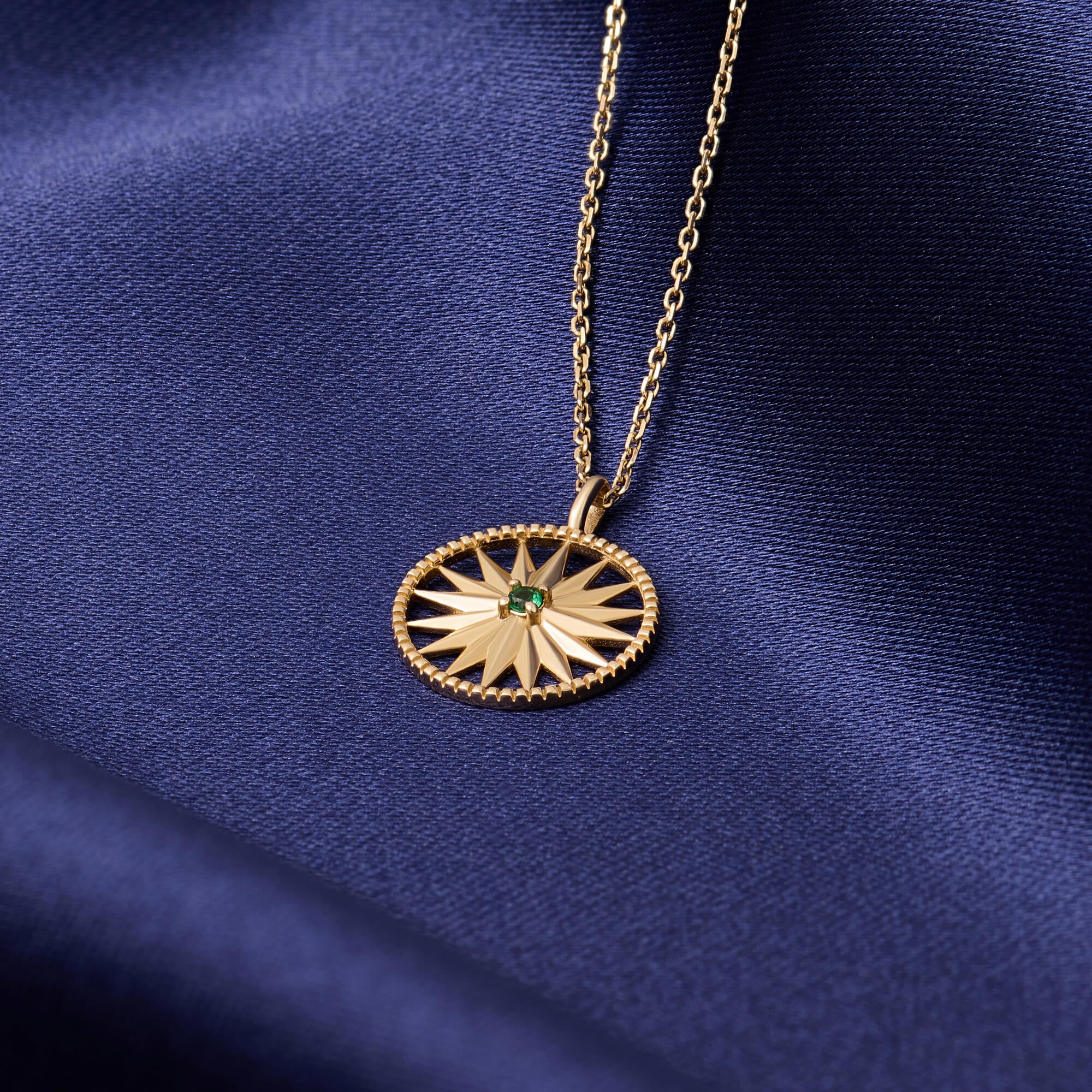 Solid Yellow Gold Emerald Star Disc Necklace
