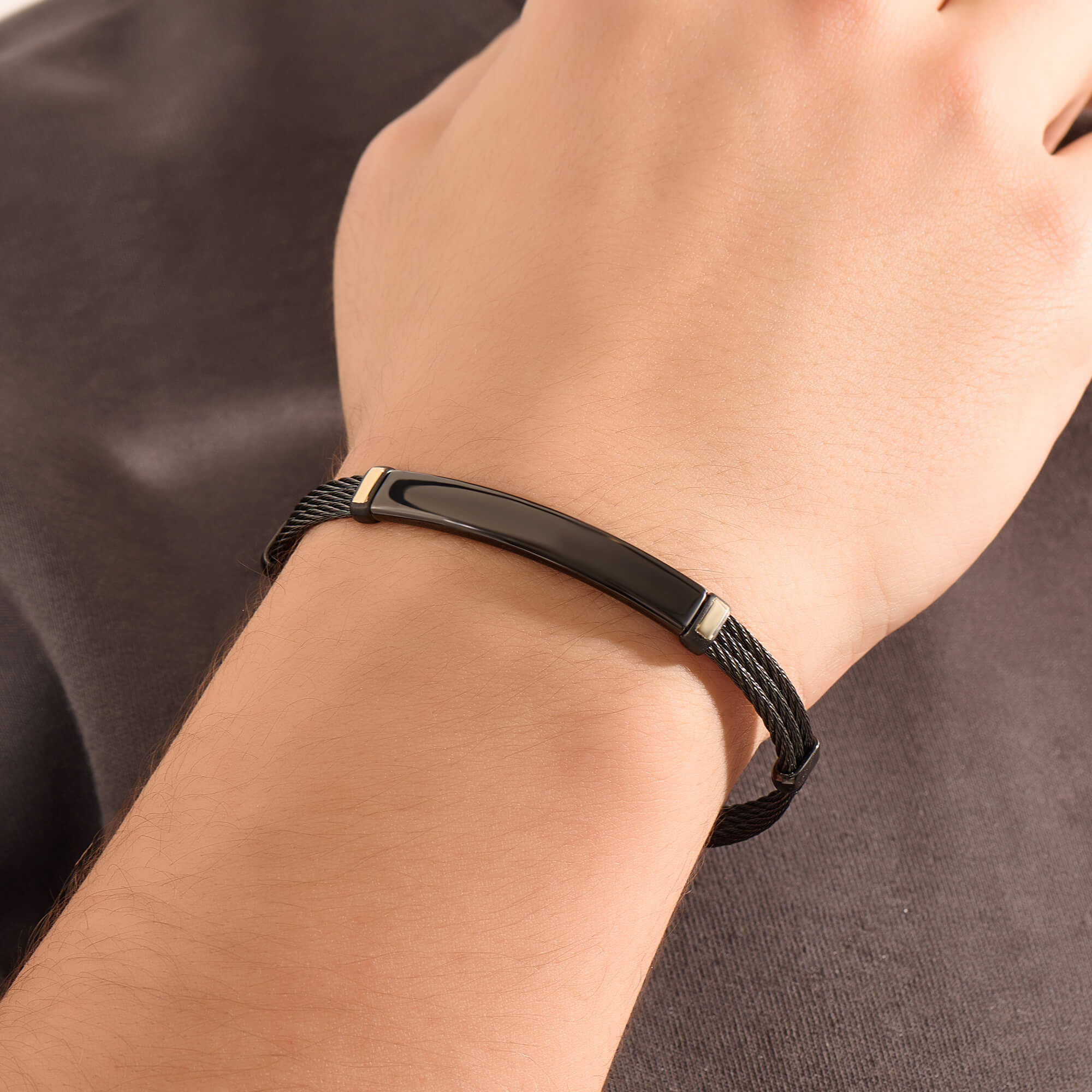Men's Black Cable Bangle Bracelet with 14K Gold Accent
