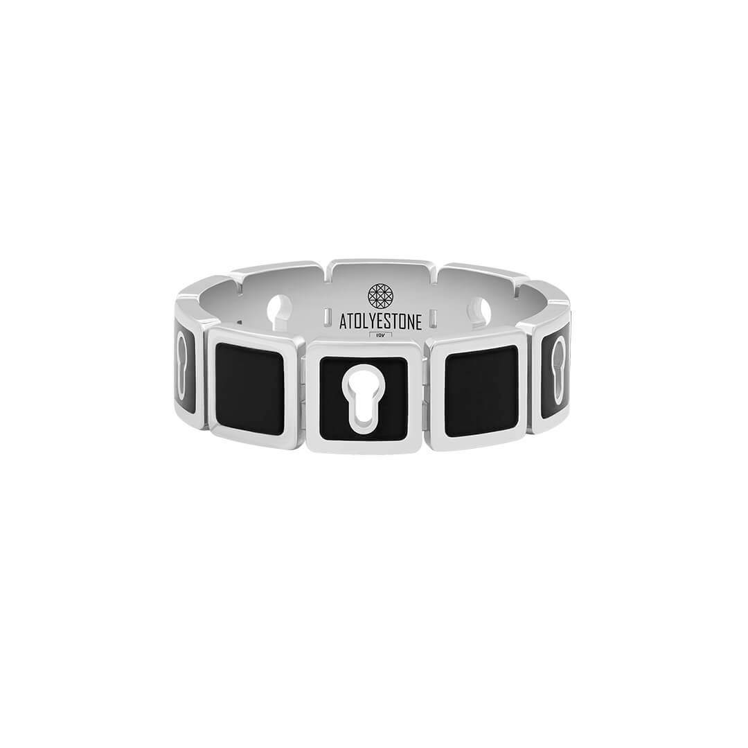 Enamel Lock Band Ring in Solid White Gold