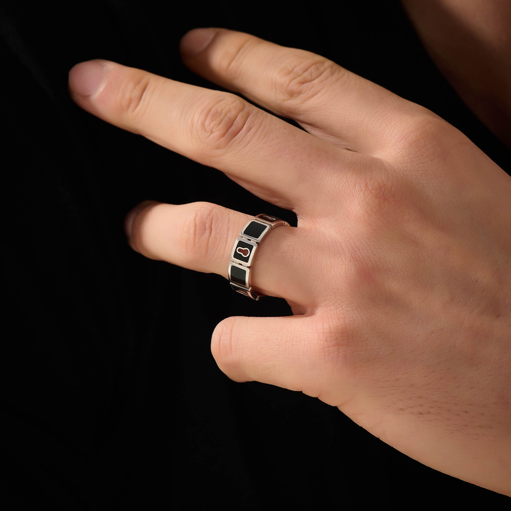 Men's Solid Silver Enamel Lock Band Ring