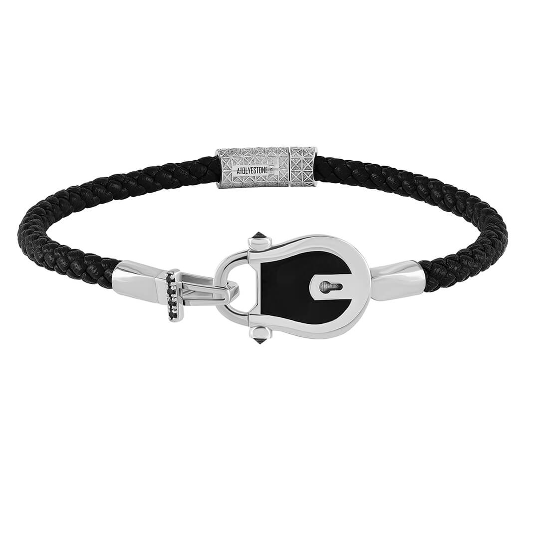 Enamel Lock Leather Bracelet in Solid Gold Paved with Black Diamonds - Black Leather White Gold