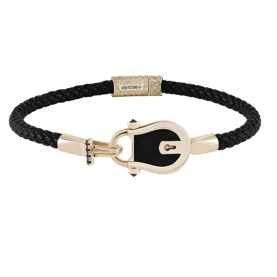 Enamel Lock Leather Bracelet in Solid Gold Paved with Black Diamonds - Black Leather Yellow Gold