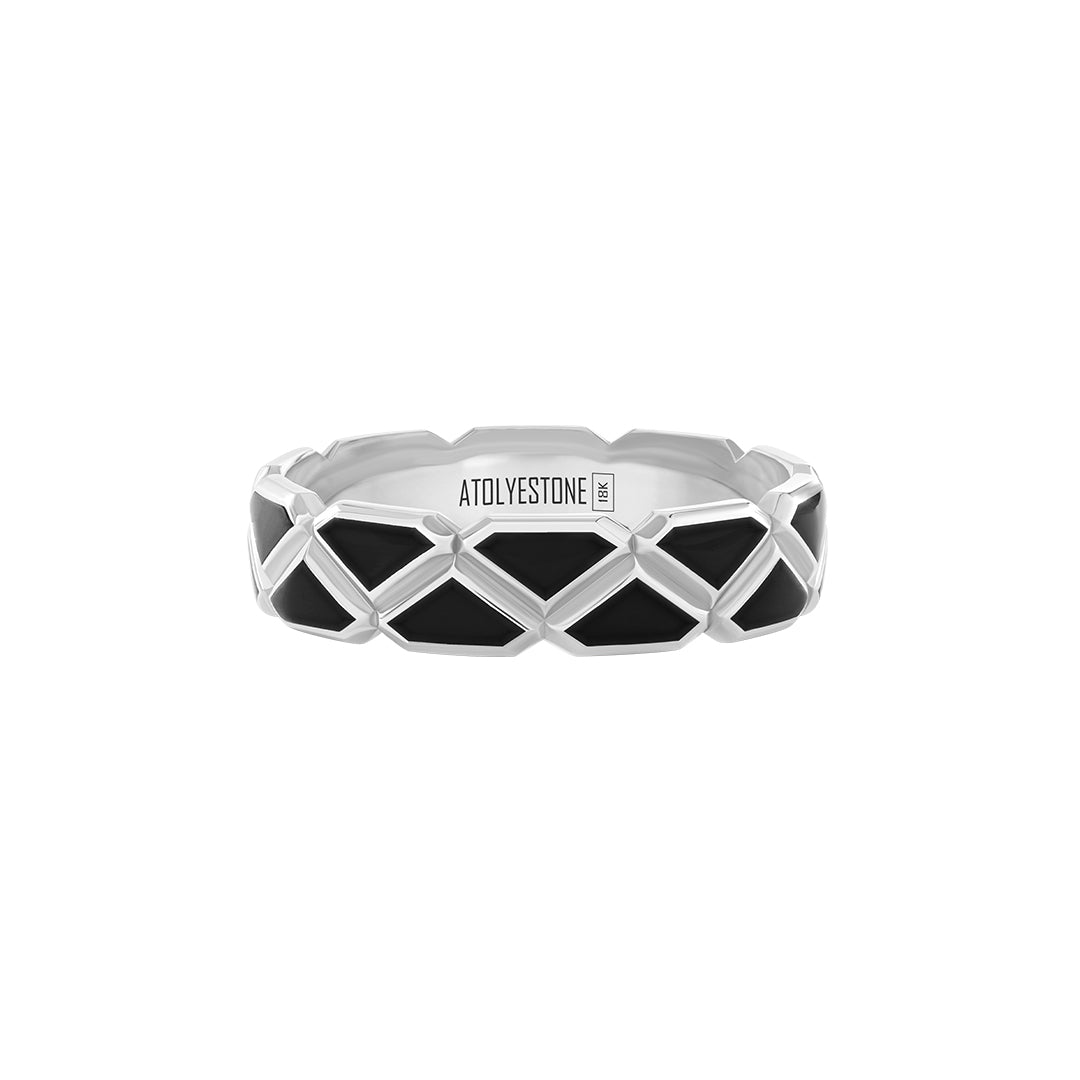 Enamel Triangle Band Ring in Solid White Gold - Black Enamel