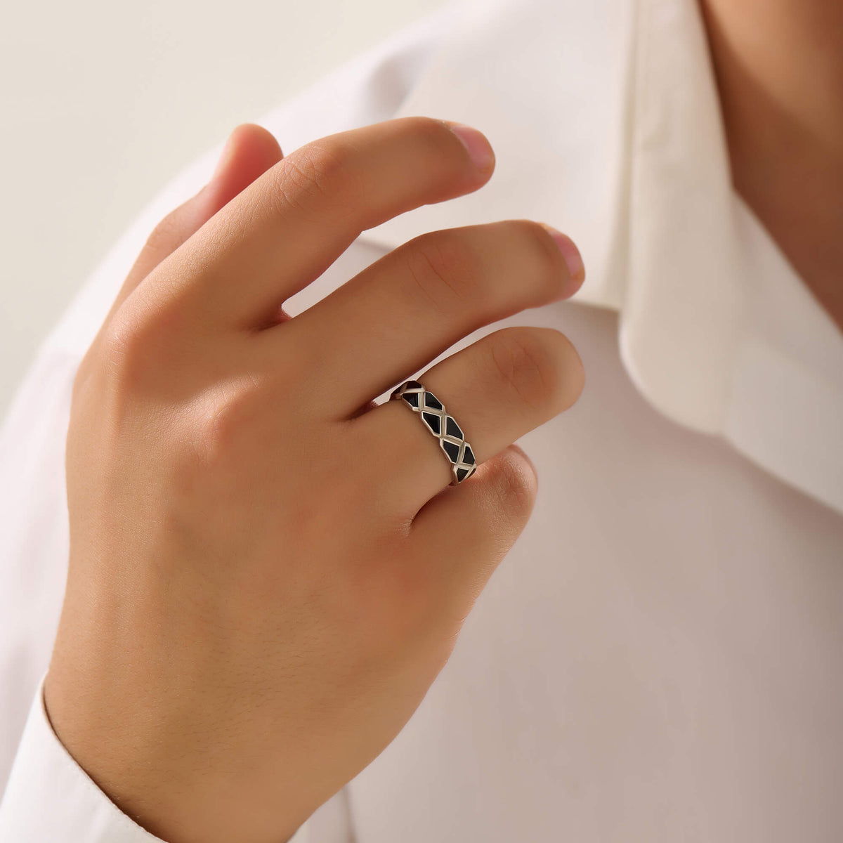 Enamel Triangle Solid Silver Band Ring for Men