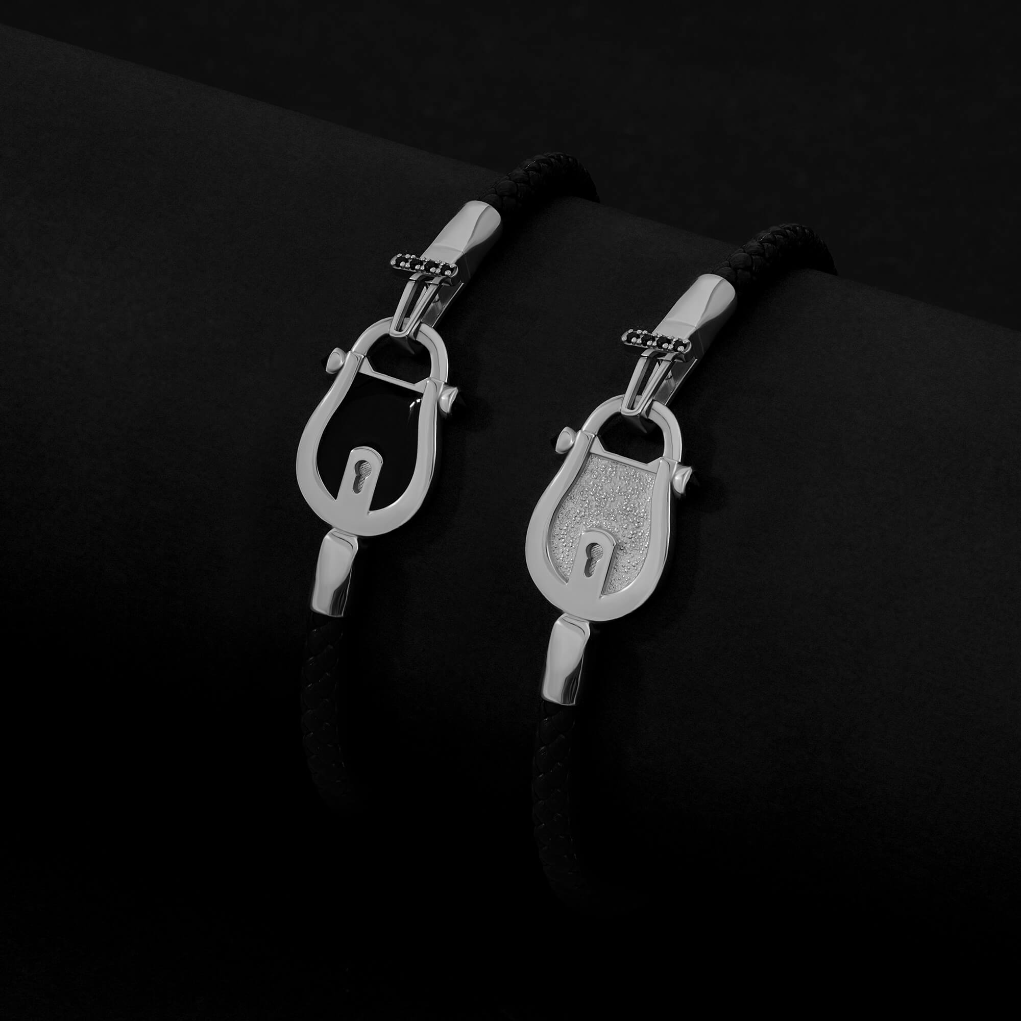 Enamel Lock and Lock Leather Bracelets in 925 Sterling Silver