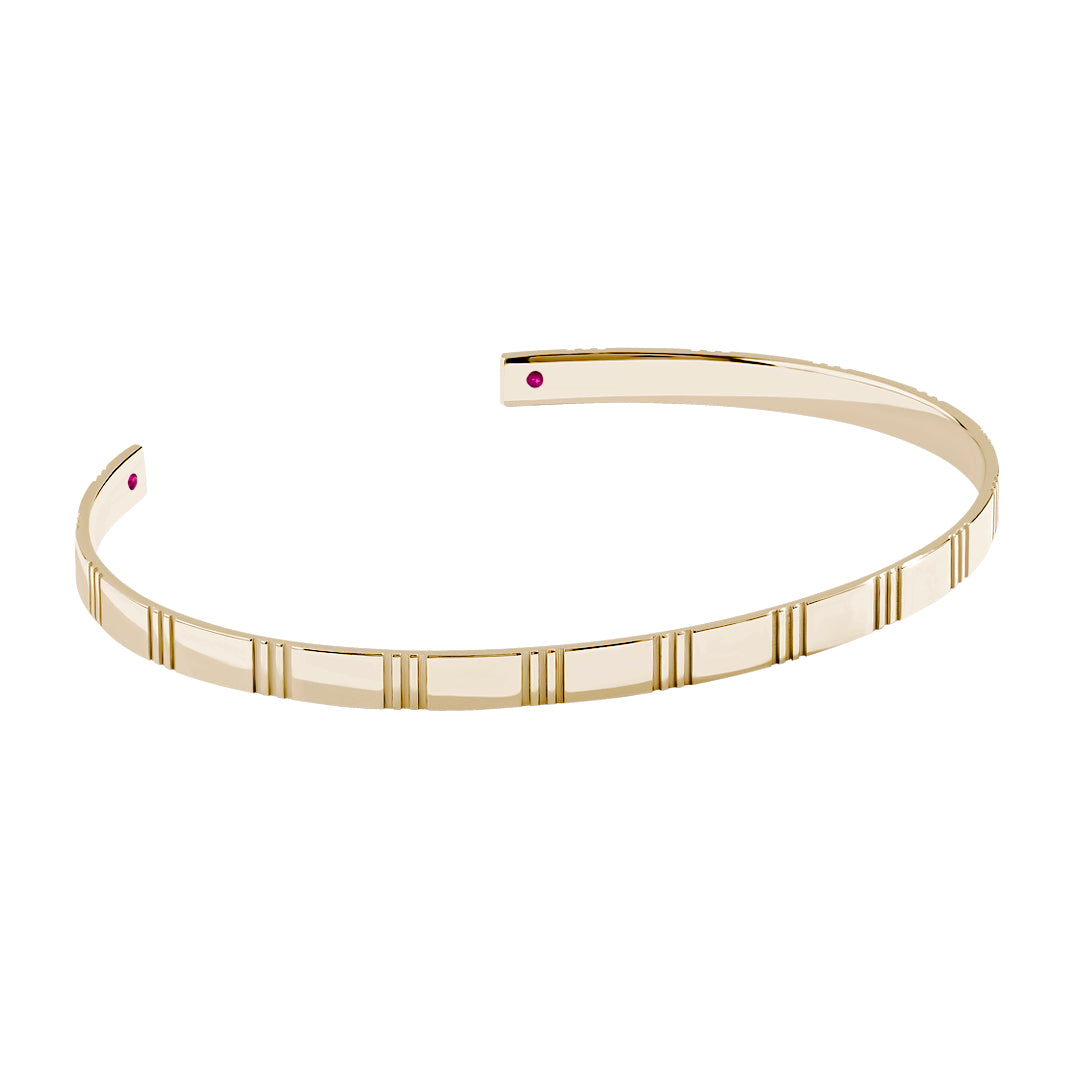 Solid Gold 4.50mm Etched Cuff Bracelet with Ruby Details - Yellow Gold