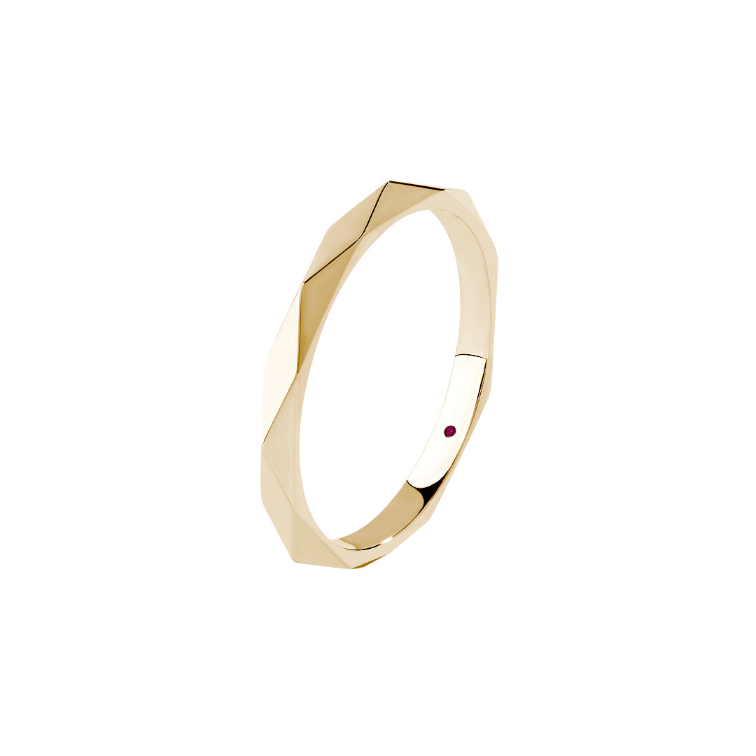 Solid Gold Faceted Wedding Band with Ruby