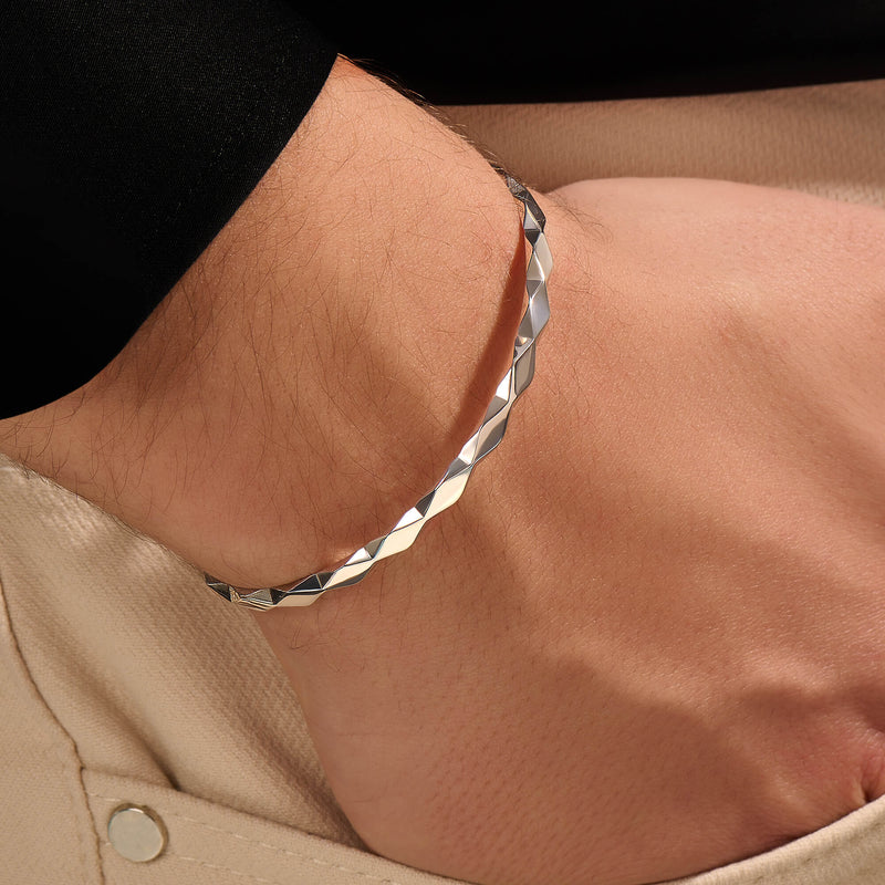 Men's Solid 925 Sterling Silver Faceted Cuff Bracelet 