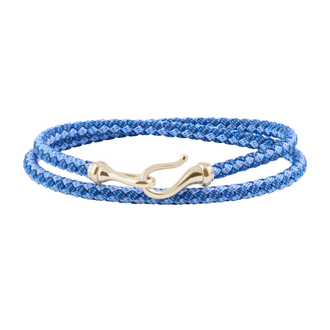 Men's Solid Yellow Gold Fish Hook Blue Cotton Wrap Bracelet