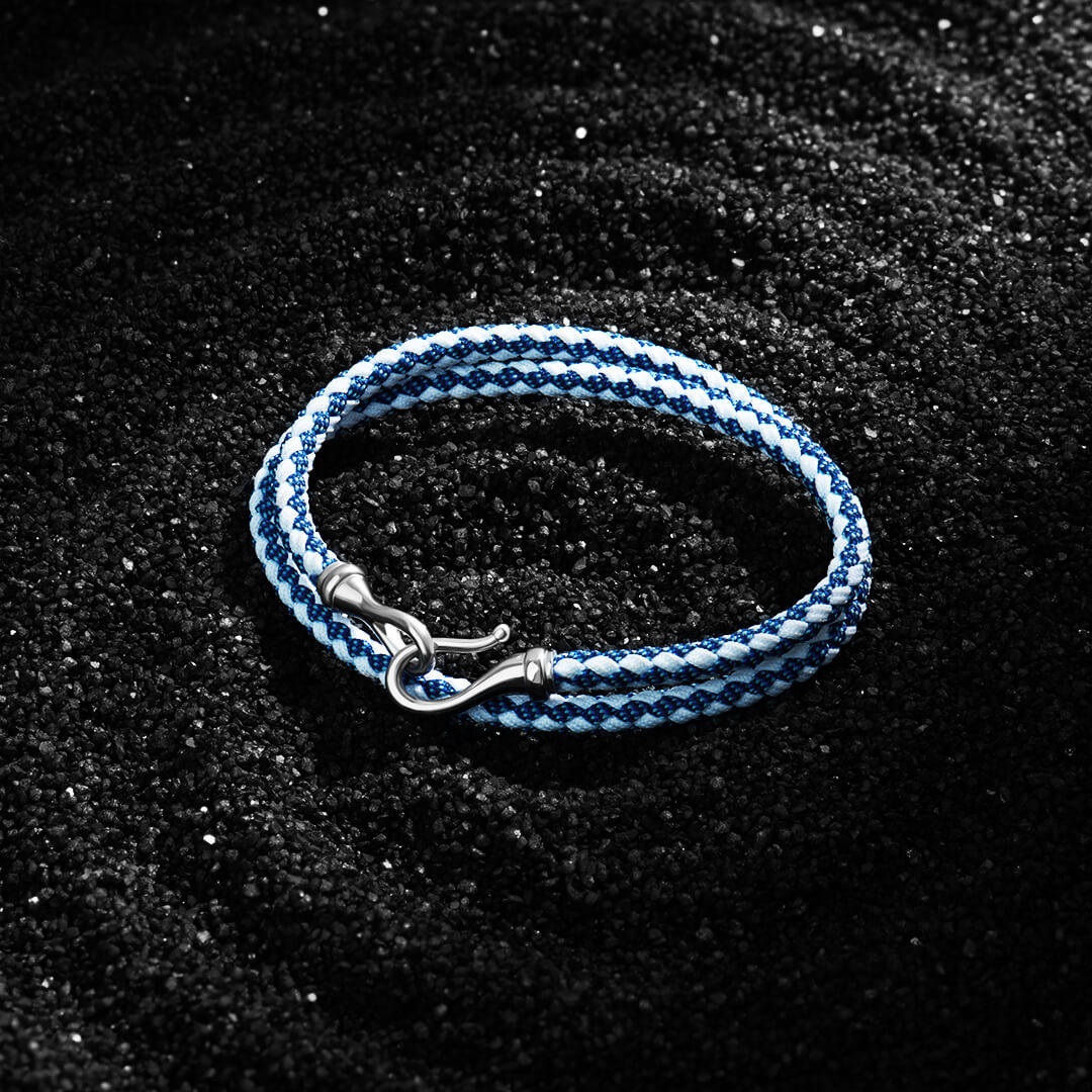 Fish Hook Blue and White Cotton Wrap Bracelet in Solid Silver