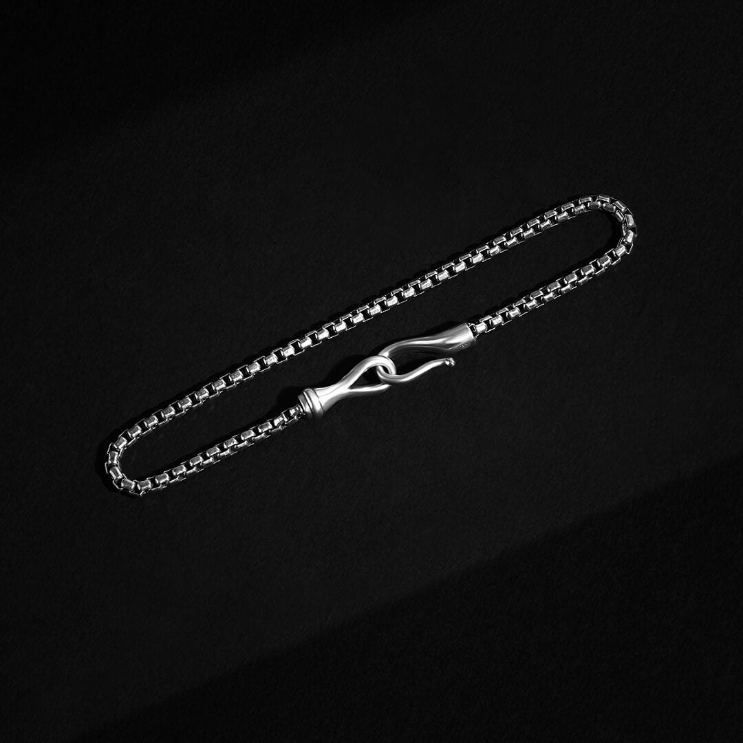 Atolyestone 925 Solid Silver Fish Hook Box Chain Bracelet