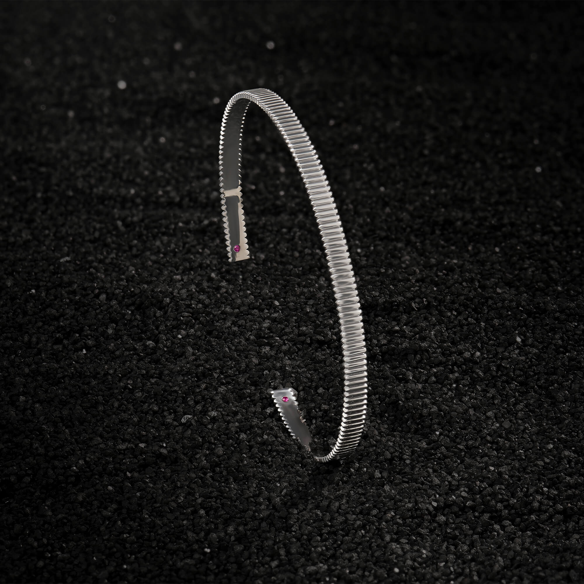 Grosgrain Pattern Cuff with Ruby Details in Solid Silver