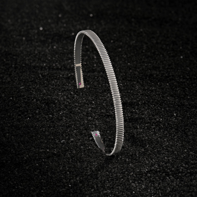 Grosgrain Pattern Cuff with Ruby Details in Solid Silver